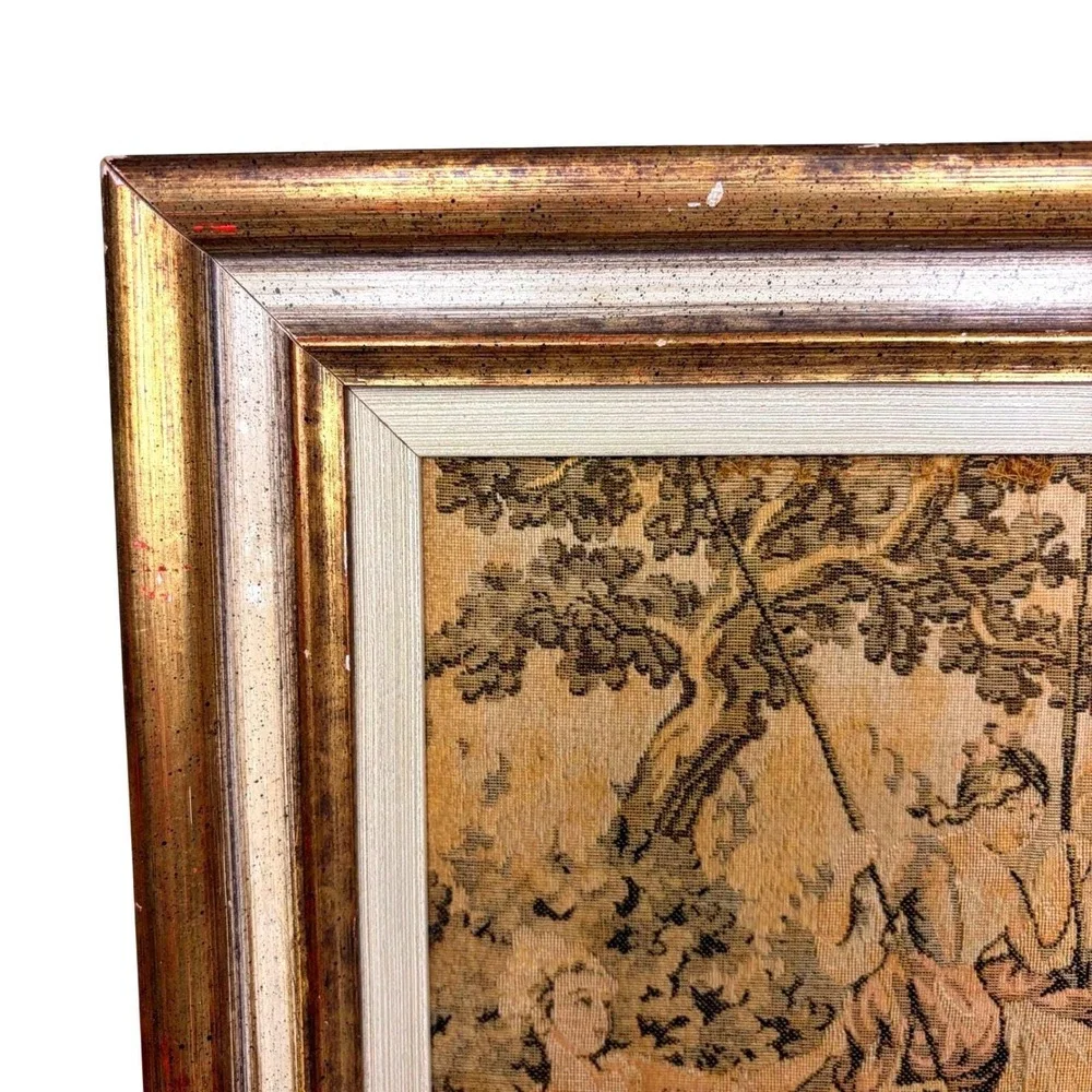 Vintage French Rococo Style Framed Tapestry Wall Art Pastoral Garden Scene 12x13